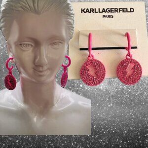 Karl Lagerfeld Fuchsia Pink Crystal Pave Laser Cut Lightning Bolt Disc Earrings